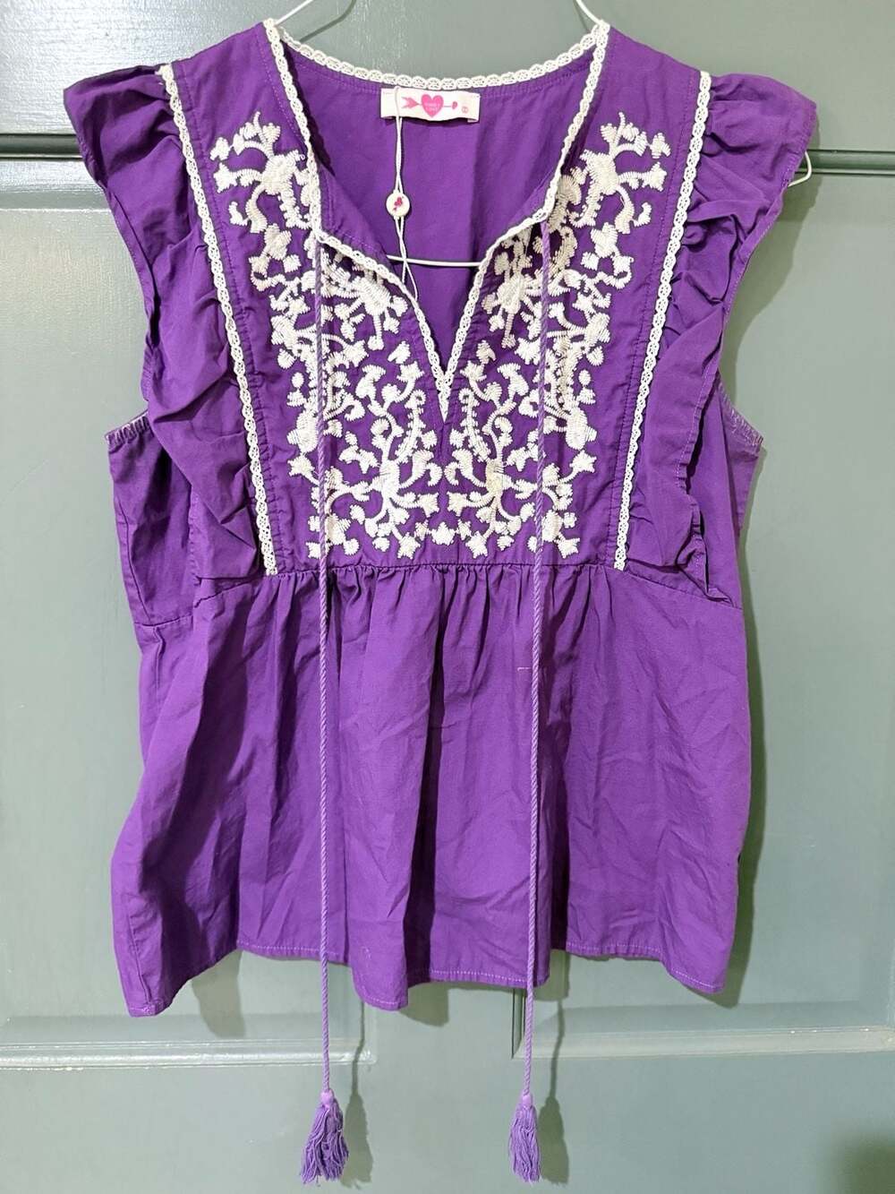 Buddy Love Purple Embroidered Flutter Sleeve-Size S Tunic Tassle Top